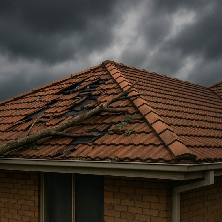 Storm-damaged terracotta roof in suburban Melbourne with cracked tiles and a fallen tree branch, under dark stormy skies.