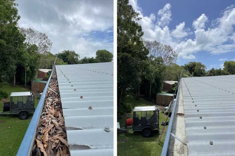 Roof Gutter Cleaning in Melbourne – What Happens If You Don’t Do It? 1 expert gutter cleaning in melbourne displayed by a real before and after photo by roof restoration northern suburbs
