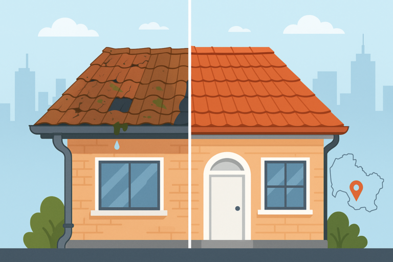 How to Tell If Your Roof Needs Restoring – Top Signs for Melbourne Homes 1 Animated split-screen illustration of a Melbourne house showing a damaged roof on the left with cracked tiles and leaks, and a fully restored roof on the right with clean tiles and proper drainage, set against a city skyline and a Melbourne suburb map outline.