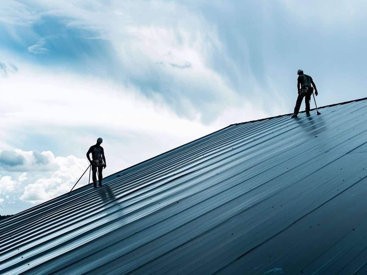 Two workers applying heat reflective coating on a large metal roof under a cloudy sky.