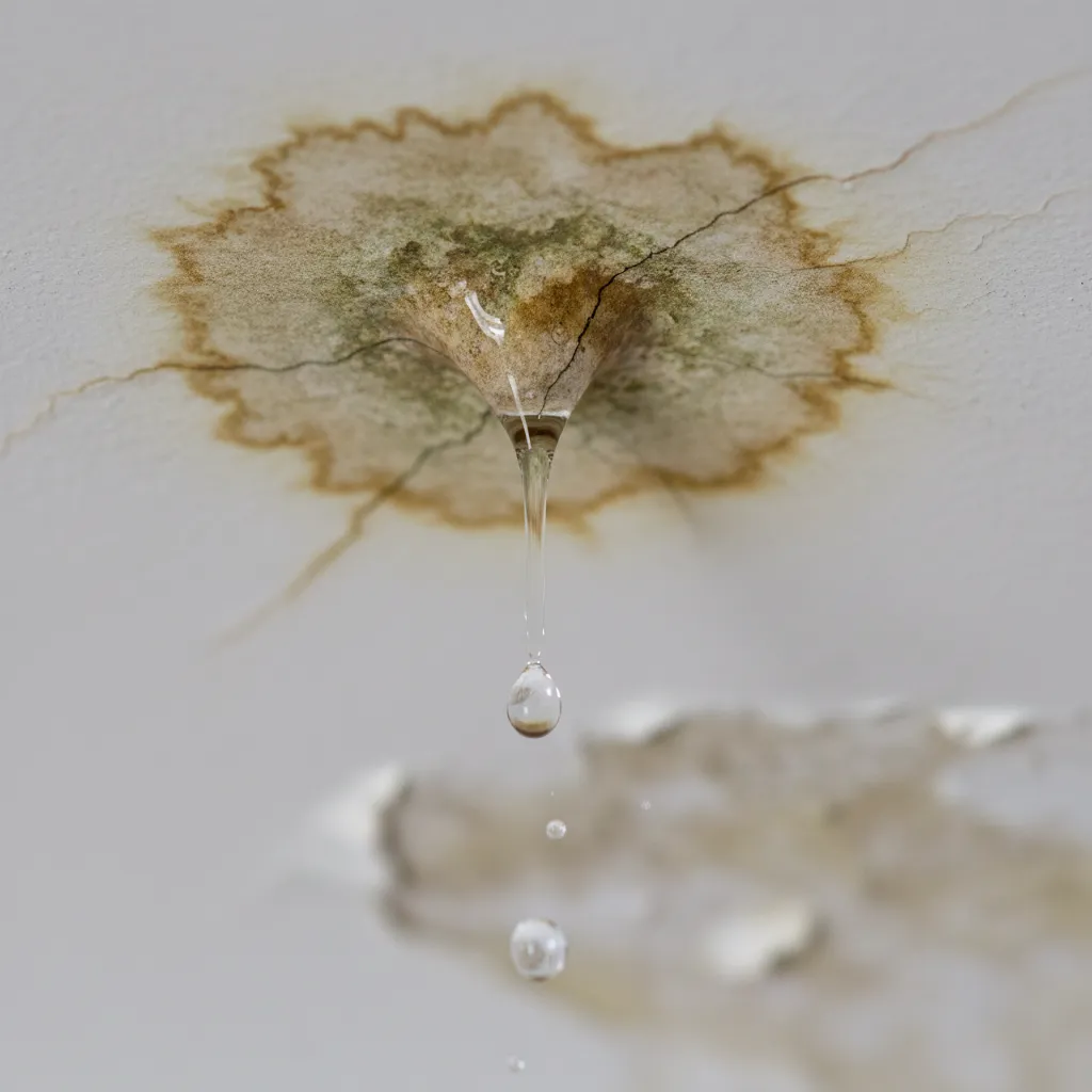 A close-up photo of water dripping from a ceiling with a visible water stain