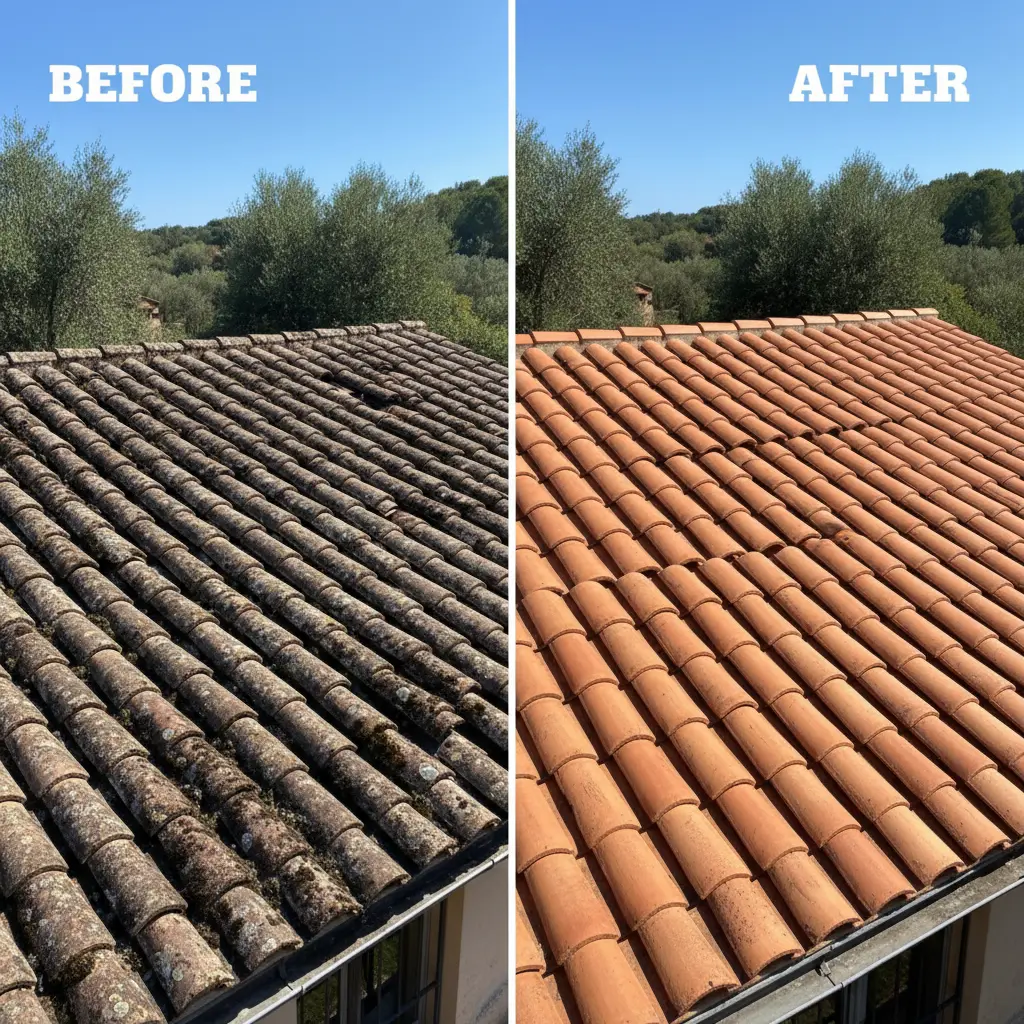 Before and after comparison of a restored tile roof showing the dramatic improvement in appearance and condition