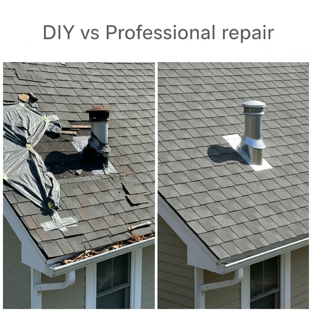 Comparison showing damaged roof from DIY mistakes vs professionally repaired roof