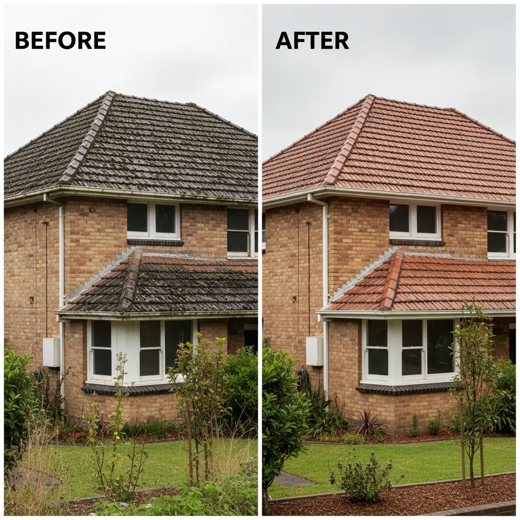 Dramatic beforeafter comparison of a Melbourne northern suburbs home showing restored terracotta tile roof