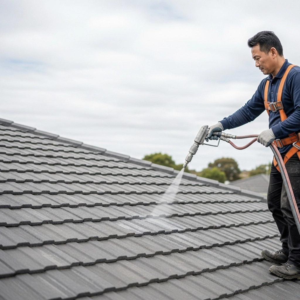 Professional roof restoration team applying protective coating to northern suburbs home with modern equipment