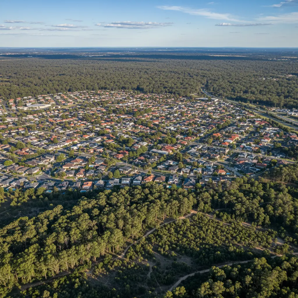 Aerial view of Northern suburbs Melbourne with bushland forest in background, showing residential roofs