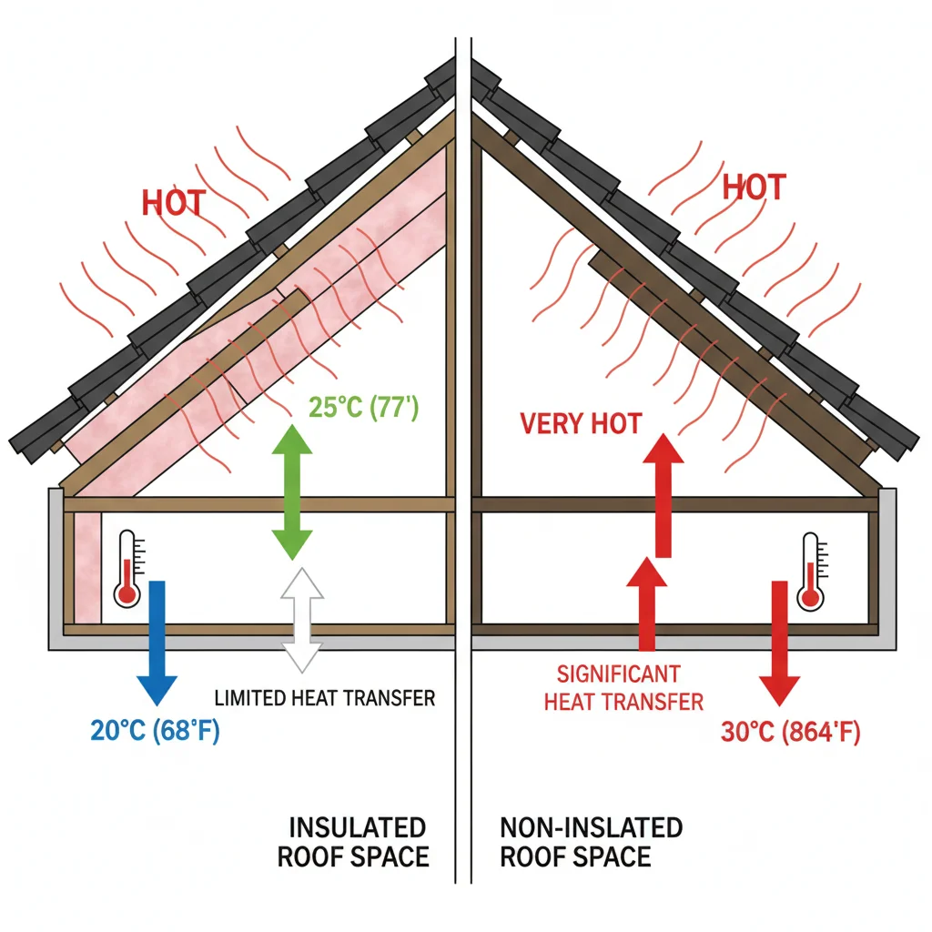 Cross-section diagram or photo showing insulated vs. non-insulated roof space with temperature differences illustrated