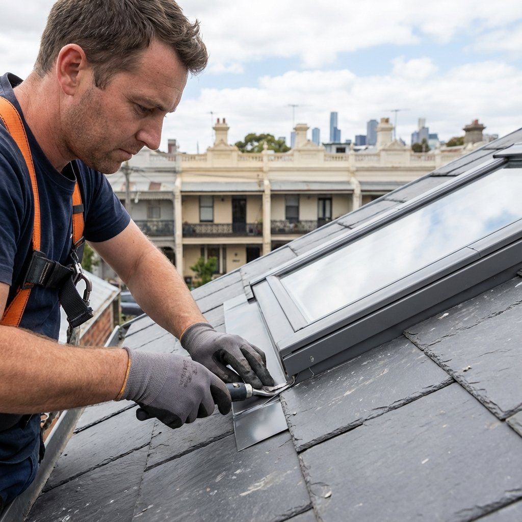 Professional tradesperson installing skylight flashing on a Colorbond roof showing the weatherproofing process
