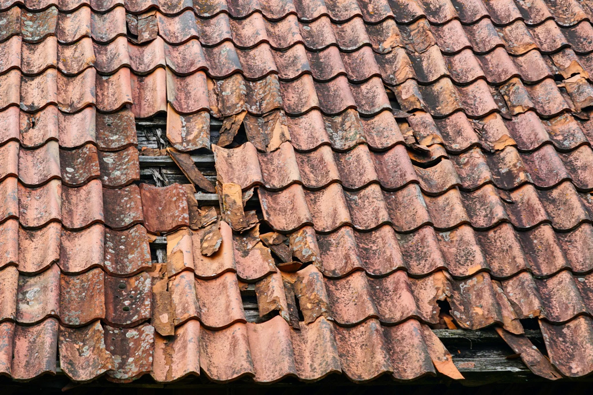 Close-up of damaged roof tiles with visible water damage and cracking after Melbourne storm