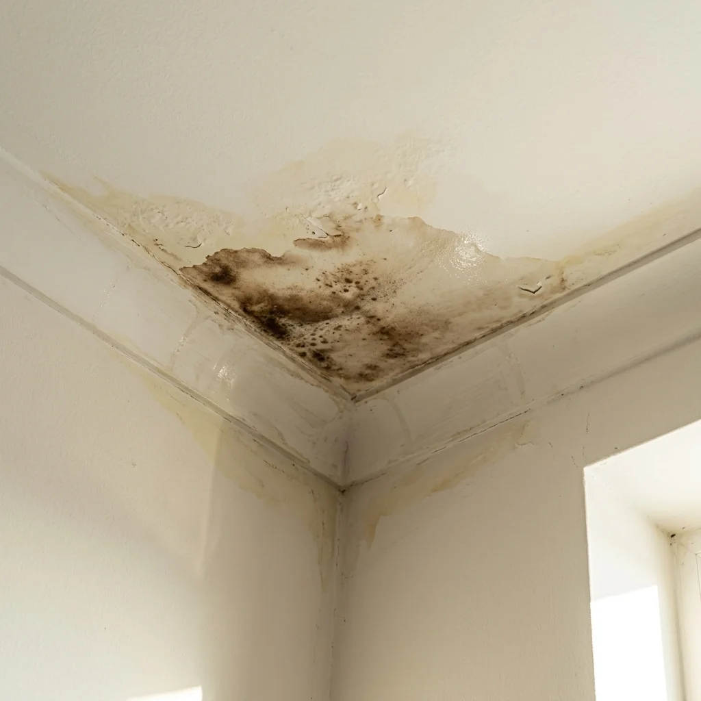 Close-up of a water-stained ceiling with visible brown discolouration and a damp patch spreading from a corner, interior home setting