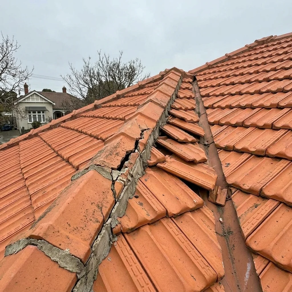 Exterior view of a Melbourne tiled roof showing cracked mortar along the ridge capping and lifted tiles near the valley, overcast sky