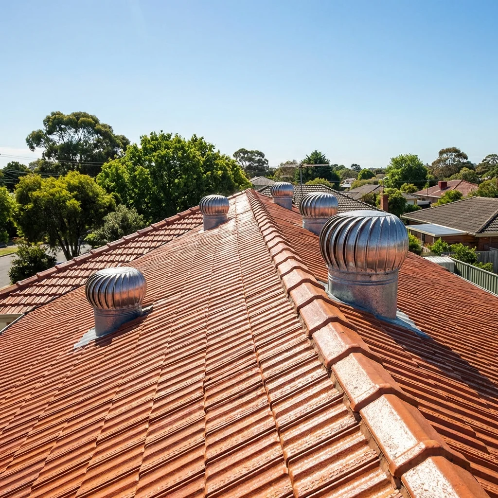 Melbourne tiled roof whirlybird ventilation sunny day suburban