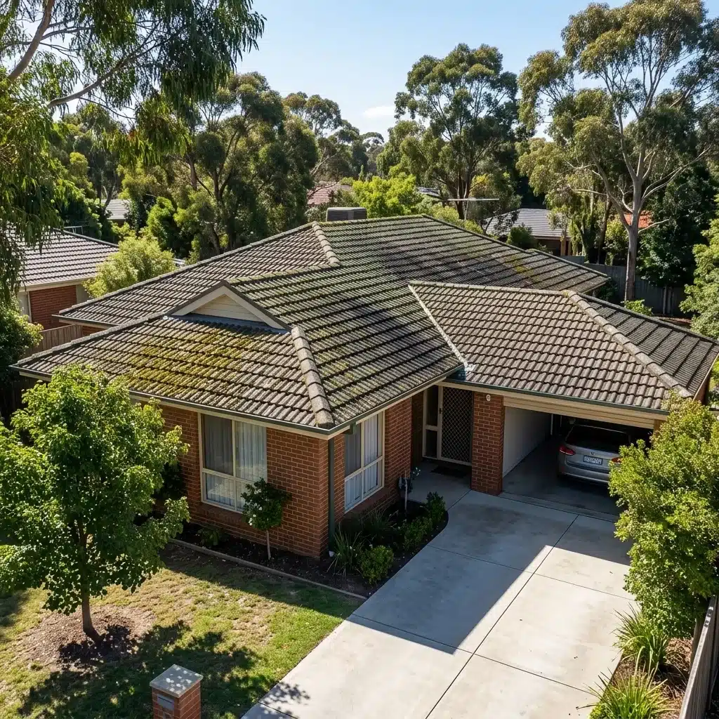 A Melbourne northern suburbs home with visible moss and dark algae patches across a tiled roof, surrounded by mature trees. Natural daylight, street-level view