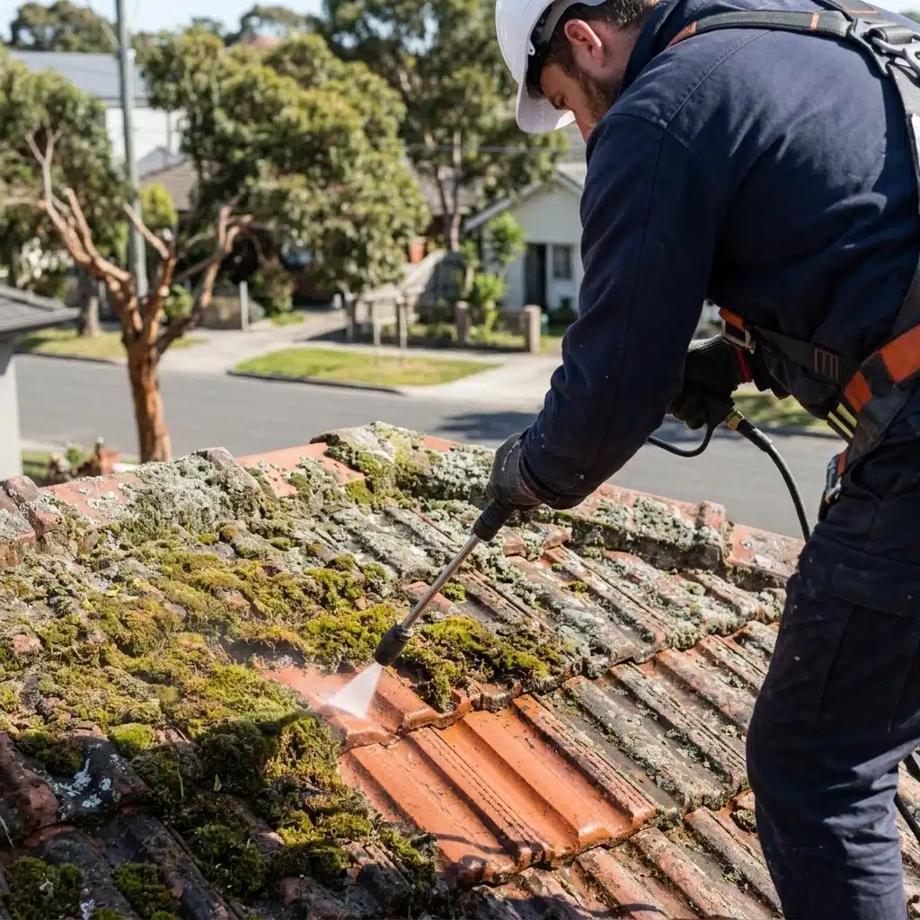 A professional roofer using a pressure washer to clean a heavily moss-covered tile roof in a Melbourne northern suburbs residential street. Safety harness visible.