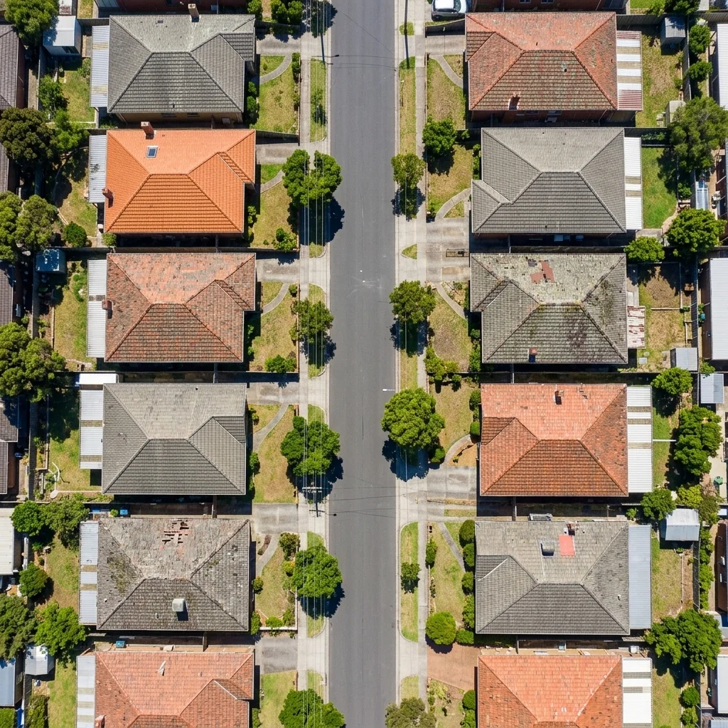 Aerial view of a typical Melbourne northern suburbs street showing a mix of terracotta and concrete tiled rooftops in varying conditions. Natural daylight.