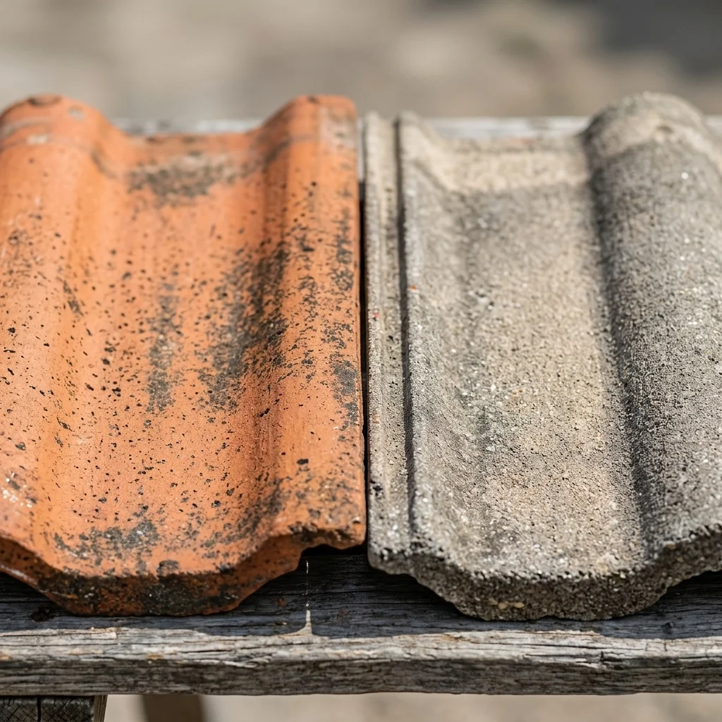 Close-up side-by-side comparison of a weathered terracotta tile and a faded concrete tile, showing the difference in surface texture and porosity. Natural lighting. copy